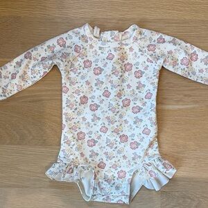 Quincy Mae Floral Ruffle Long-Sleeve Baby Swimsuit - Pink & Yellow Flowers